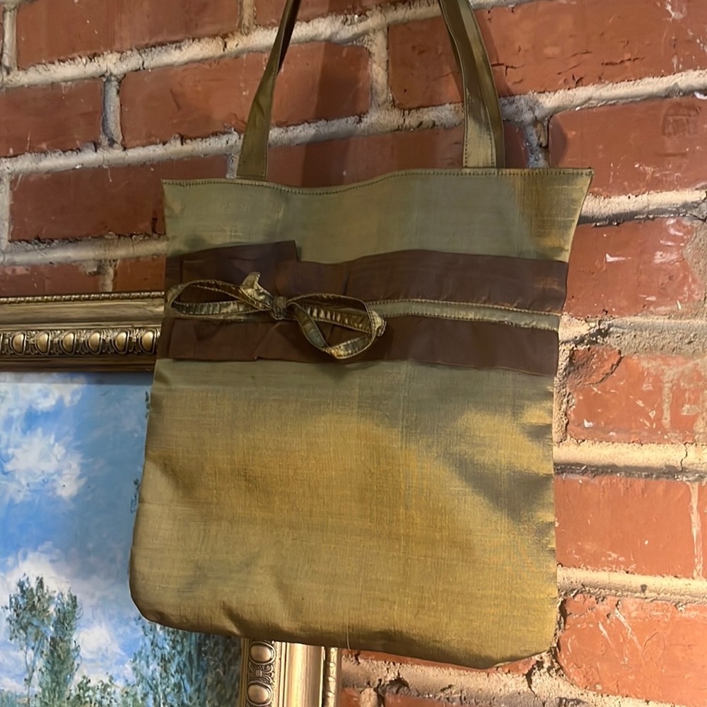 Clare V. Green and Brown Satin Handbag